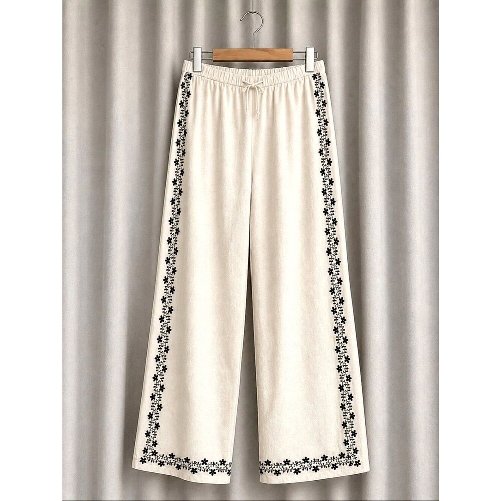 Nobody's Child Oatmeal Black Floral Embroidered Wide Leg Pull On Shona Trousers